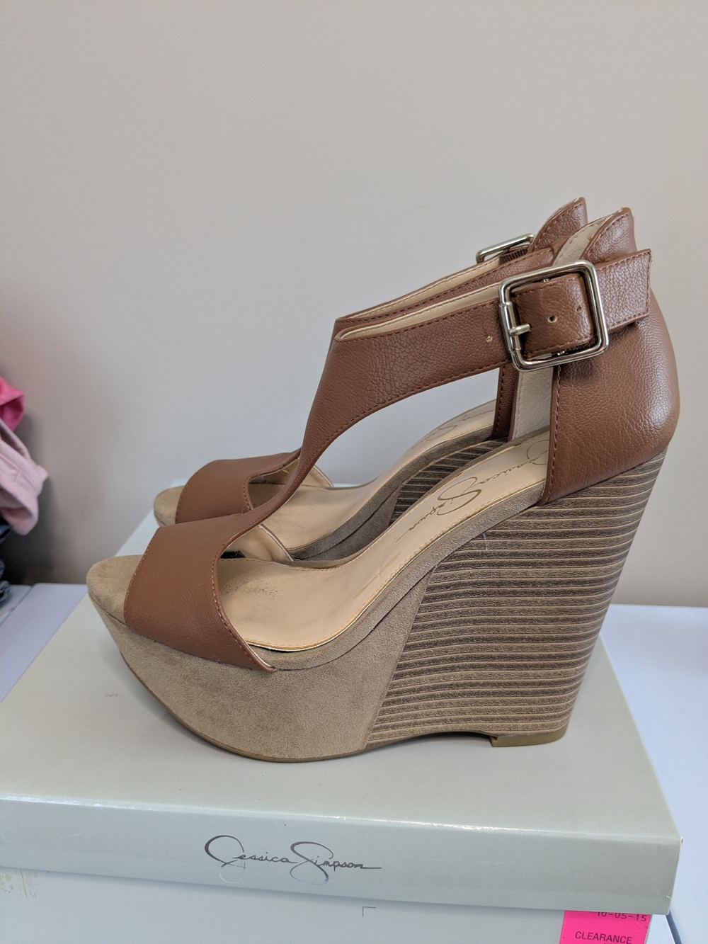 Jessica Simpson Brown Platform Wedge Sandals with Ankle Buckle